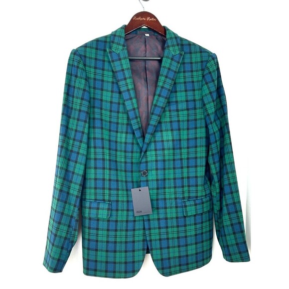 New ASOS Green Blue Tartan Plaid Mens Sz 40 Regular Blazer Jacket Sport Coat Hng - Picture 2 of 12